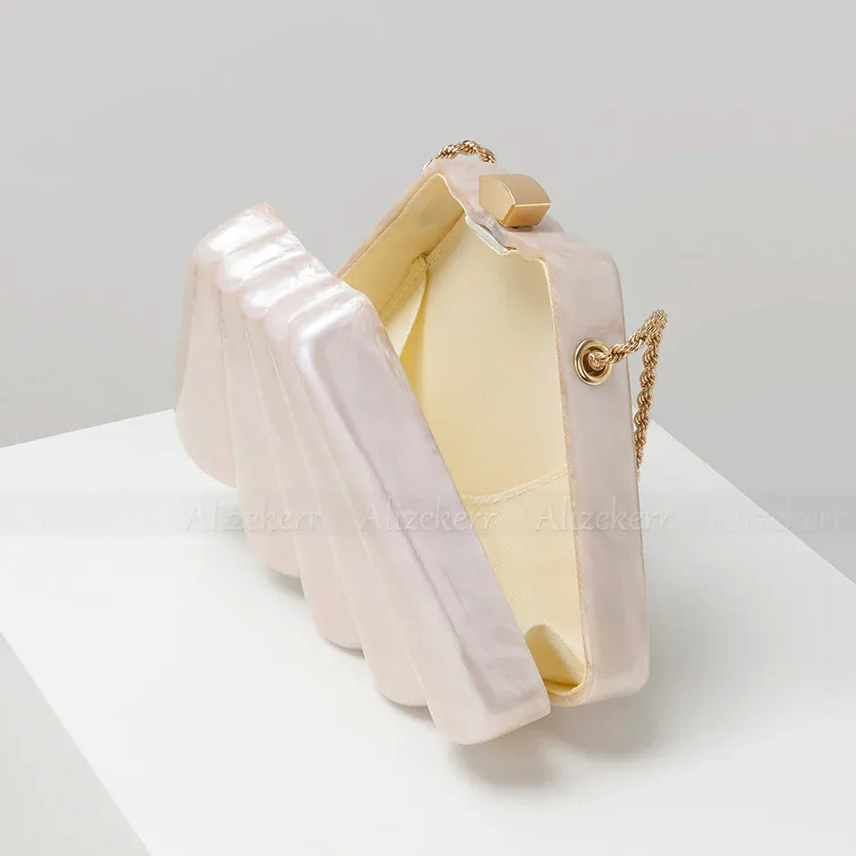 Ivory / L19.5xW5.5xH13.5cm Alizekerr Fan-shaped Acrylic Box Evening Bags Women Luxury Designer Elegant Metal Chain Clutch Purses And Handbags Wedding Party
