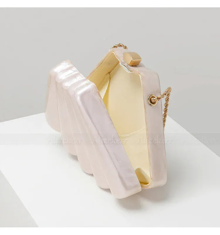 Ivory / L19.5xW5.5xH13.5cm Alizekerr Fan-shaped Acrylic Box Evening Bags Women Luxury Designer Elegant Metal Chain Clutch Purses And Handbags Wedding Party