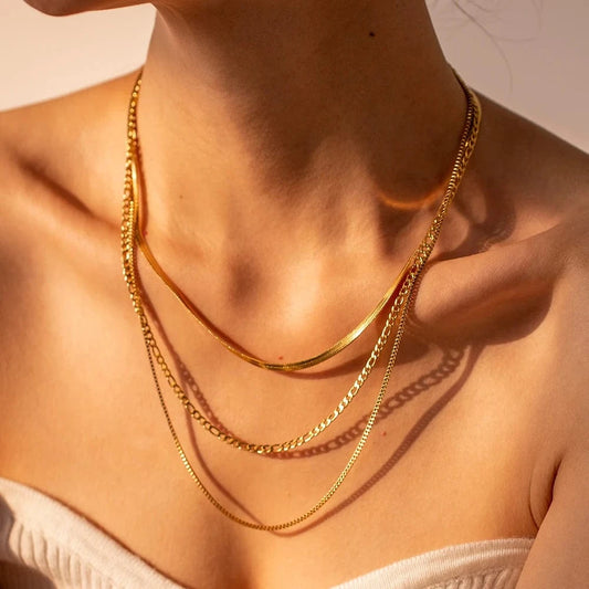 J&D Jewelry Stainless Steel Figaro Double Layer Necklace Snake Paperclip Chain Stacking Layer Chain Necklace