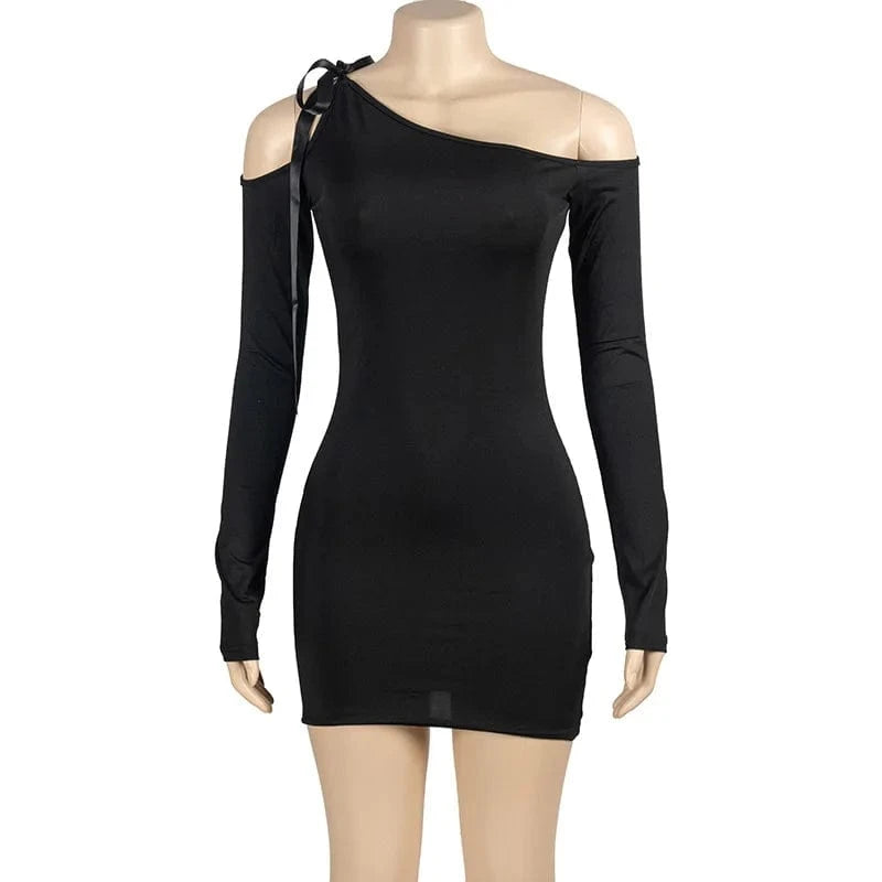 J&H 2 2024 trendy Solid Color Slanted Neck Lace Up Off Shoulder Long Sleeve Slim Fit party evening bodycon mini Dress