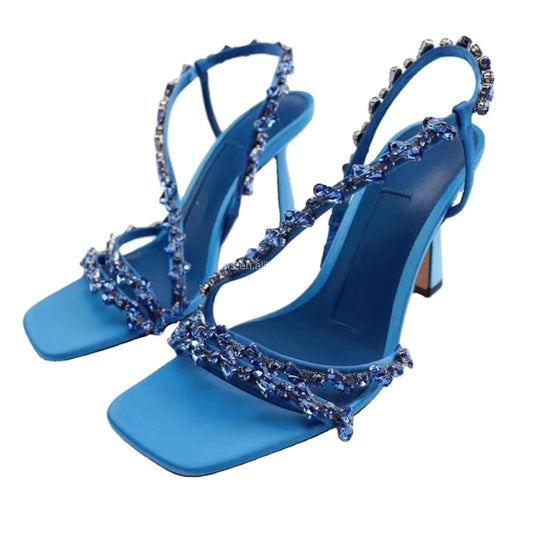 J&H 2022 design diamond straps high heeled sandals women summer trendy rhinestone stiletto chic square toe shoes