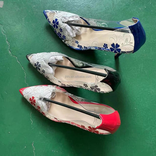 J&H 2022 hot sale clear heels with pointed toe women sexy floral print transparent heels stiletto shoes