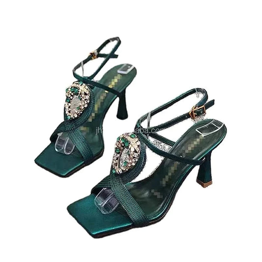 J&H 2022 new arrivals high quality high heel sandals for women and ladies chic rhinestone square toe stiletto heels