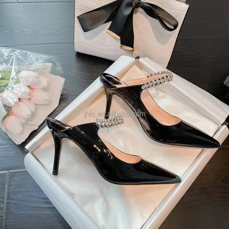 J&H 2022 new design sexy pointed toe stiletto mary jane shoes women fashion rhinestone strap heeled sandals