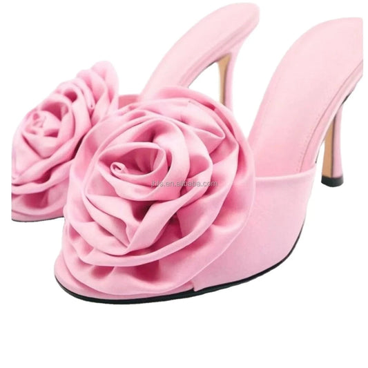 J&H 2022 new design stiletto heeled sandals with big flower pink color casual slipper heels for women and ladies