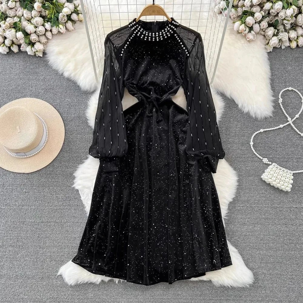 J&H 2024 Boutique Wholesale Autumn New French Vintage Heavy Industry Diamond Sequin Velvet Dress Women's Dress