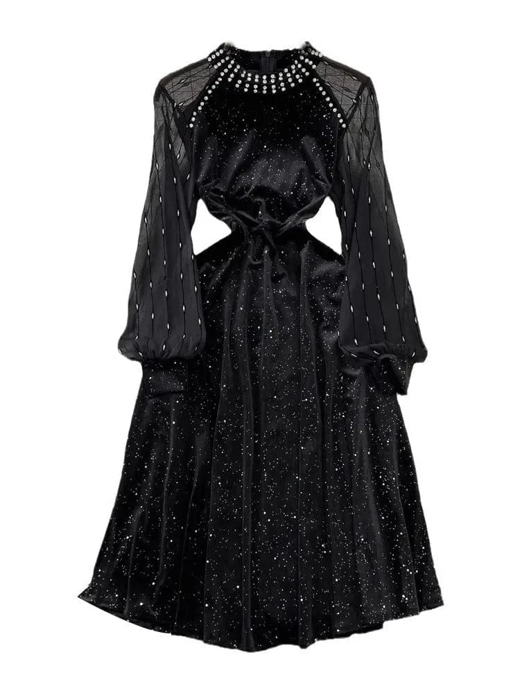 J&H 2024 Boutique Wholesale Autumn New French Vintage Heavy Industry Diamond Sequin Velvet Dress Women's Dress