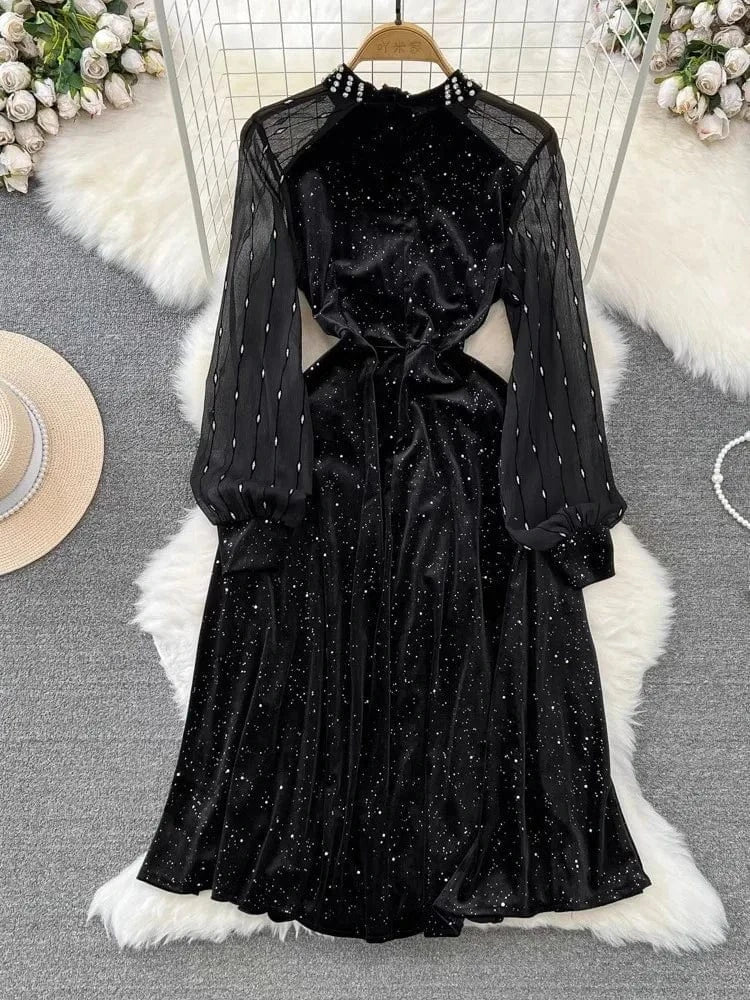 J&H 2024 Boutique Wholesale Autumn New French Vintage Heavy Industry Diamond Sequin Velvet Dress Women's Dress