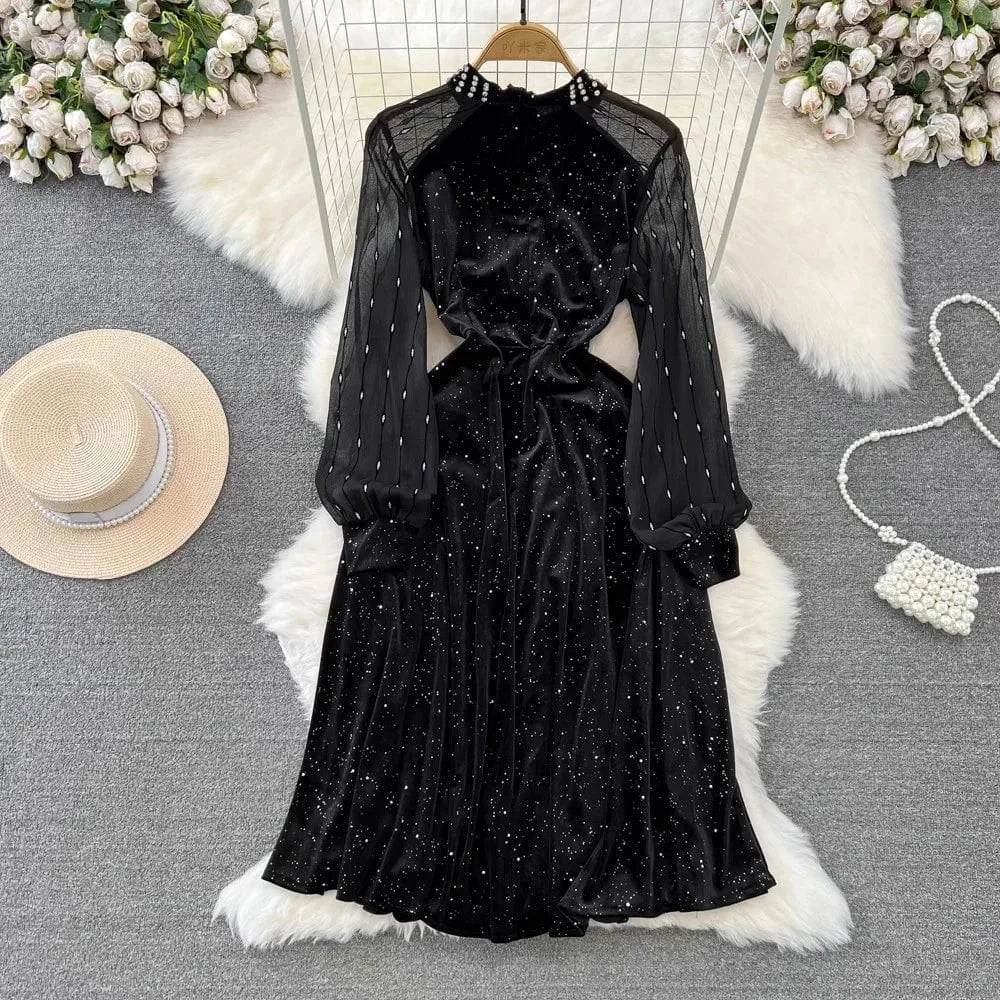 J&H 2024 Boutique Wholesale Autumn New French Vintage Heavy Industry Diamond Sequin Velvet Dress Women's Dress