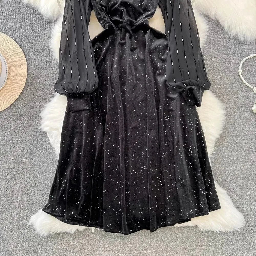 J&H 2024 Boutique Wholesale Autumn New French Vintage Heavy Industry Diamond Sequin Velvet Dress Women's Dress