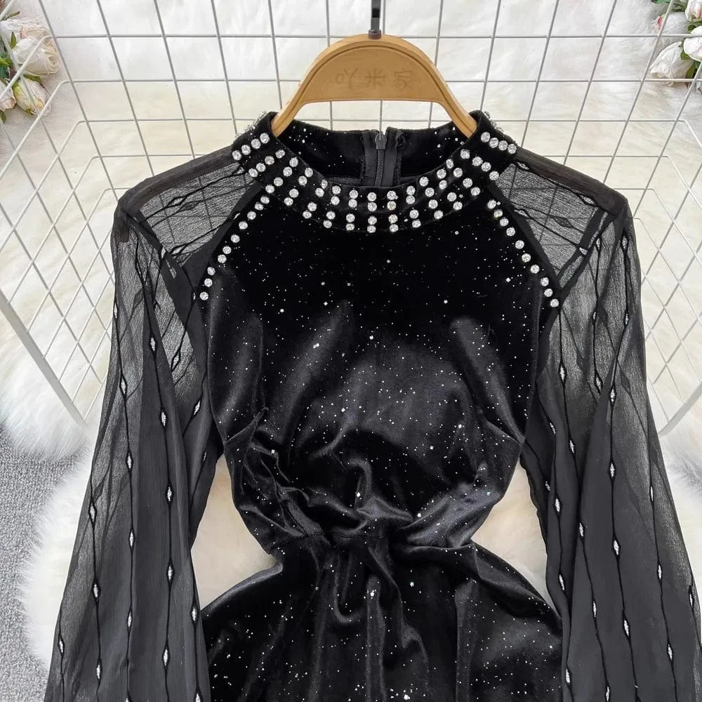 J&H 2024 Boutique Wholesale Autumn New French Vintage Heavy Industry Diamond Sequin Velvet Dress Women's Dress