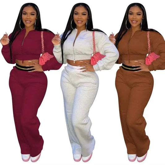 J&H 2024 elegance high waist wide leg pants set 2 pieces women zip up cropped jacket autumn fashion outfits