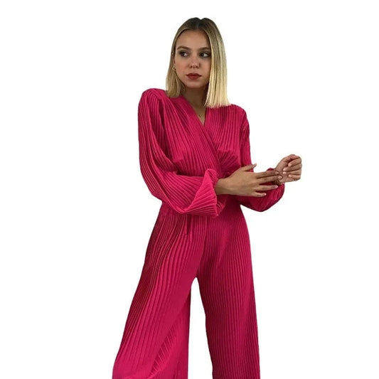 J&H 2024 Korean sets solid color long sleeve pleated crop top ruched wide leg pants set women sexy blouses 2 piece set women