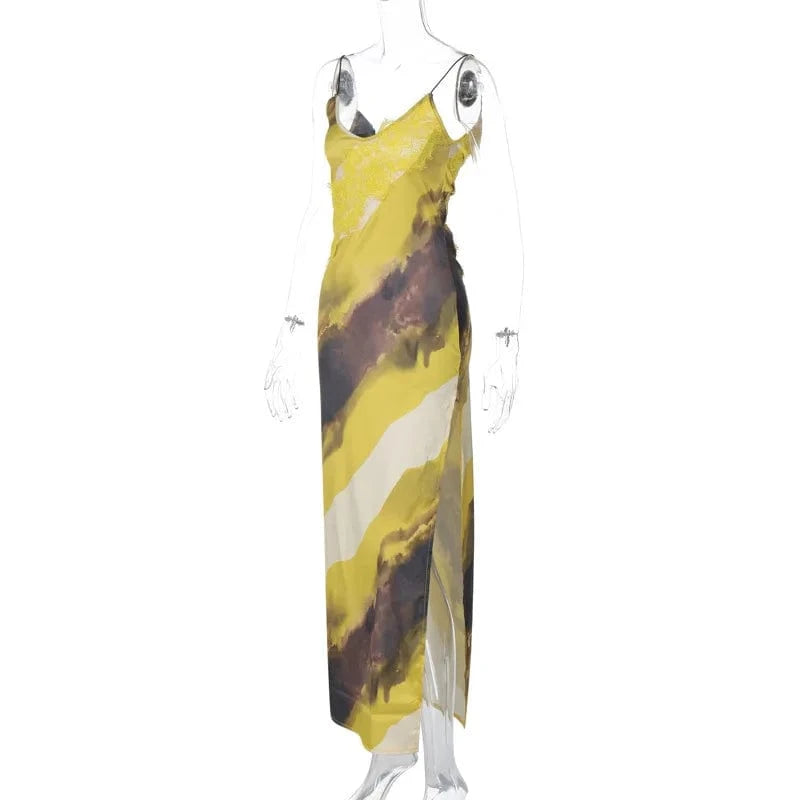 J&H 2024 Print Slit Lace Splicing Spaghetti Strap Midi Dress Sexy Vacation Y2K Sropshipping New Spring Casual Clothing