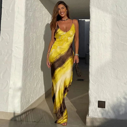 J&H 2024 Print Slit Lace Splicing Spaghetti Strap Midi Dress Sexy Vacation Y2K Sropshipping New Spring Casual Clothing