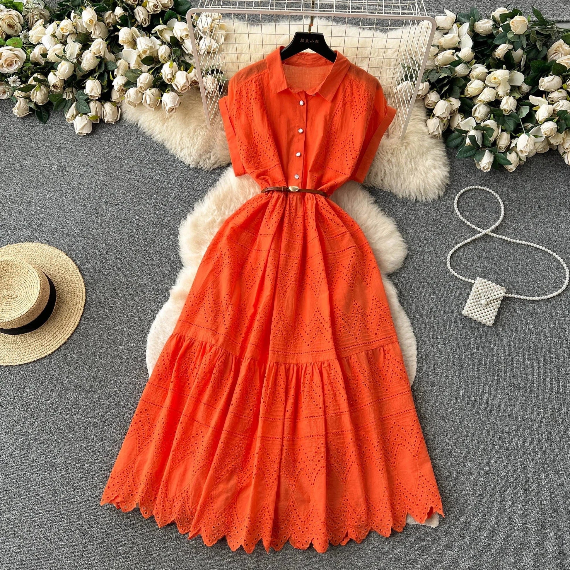 J&H 2024 Summer New Design Solid Embroidery Hollow Out Turn-down Collar Short Sleeve Women Dresses Clothing