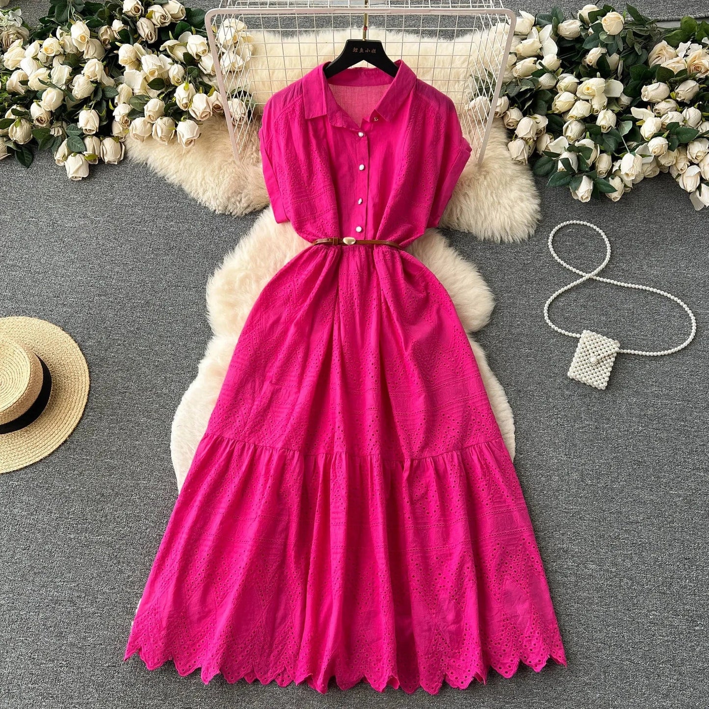 J&H 2024 Summer New Design Solid Embroidery Hollow Out Turn-down Collar Short Sleeve Women Dresses Clothing