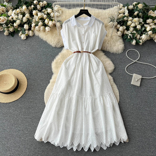 J&H 2024 Summer New Design Solid Embroidery Hollow Out Turn-down Collar Short Sleeve Women Dresses Clothing