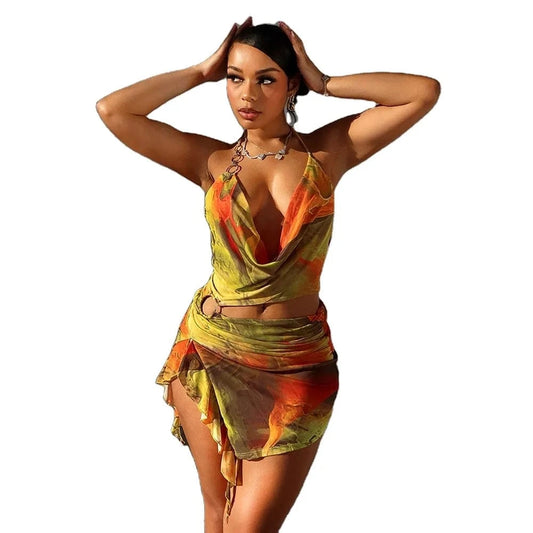 J&H 2024 Summer Sexy V Hanging Neck Mesh Umbilical Irregular Suspender Dress Women Vocation Hollow Out Mini Dress