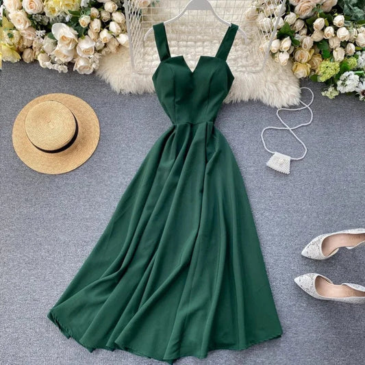 J&H 2024 Summer Women V-Neck Sleeveless Backless Retro Solid Color Long Female Casual Boho Dresses