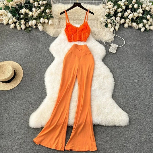 J&H 2024 trendy sexy lace two piece flared pants set