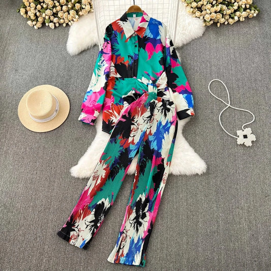 J&H Fashion 2024 Long Sleeve Tie Dye Shirt Women Two Piece Pants Set Summer Casual Loose Fit Clothing Sets