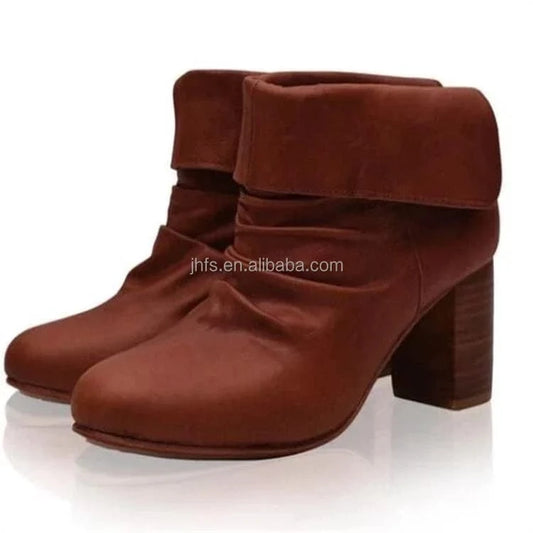 J&H Fashion autumn winter new style big size round head thick heel high heel short boots natural roll Martin bootsv