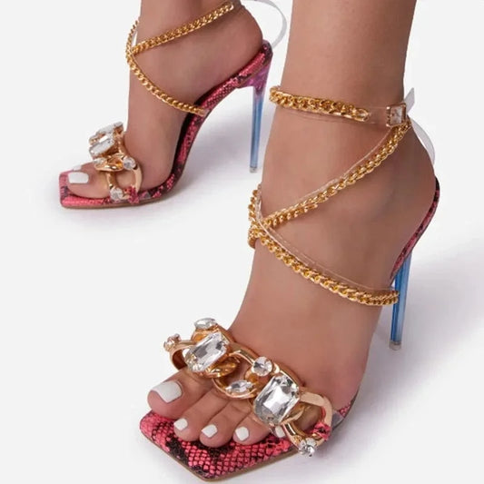 J&H fashion high quality chain strap square toe heeled sandals ladies sexy rhinestone clear shoes
