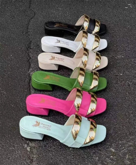 J&H fashion New Arrivals Sandalias De Mujer Neon Color Square Mid Heels Gold Strap Detail Slip On Sandals Casual Ladies Footwear