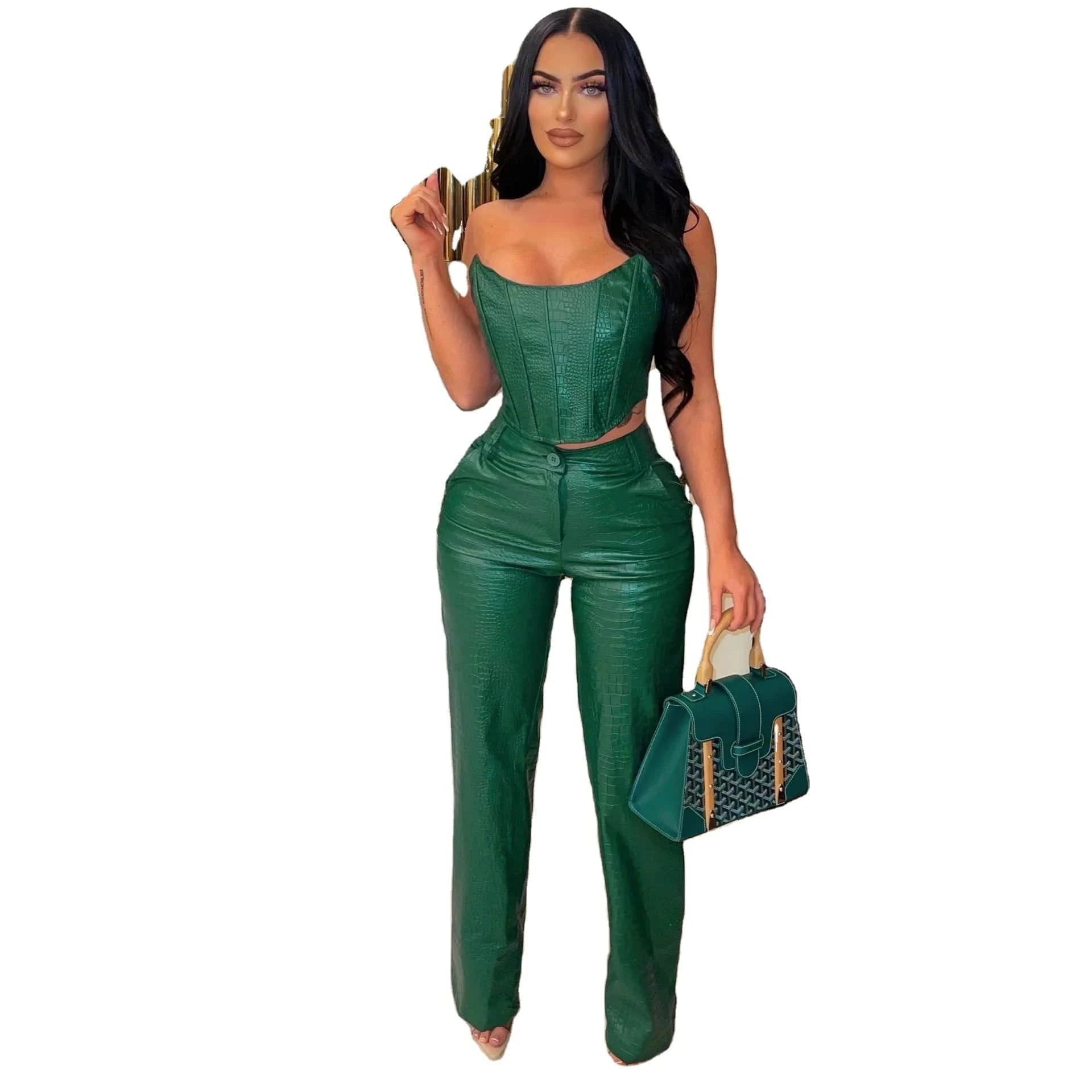 J&H High Quality New Arrivals 2024 Summer Sexy Tube Top Pu Leather Straight Pants Fashion Street 2 Piece Set