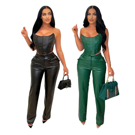 J&H High Quality New Arrivals 2024 Summer Sexy Tube Top Pu Leather Straight Pants Fashion Street 2 Piece Set