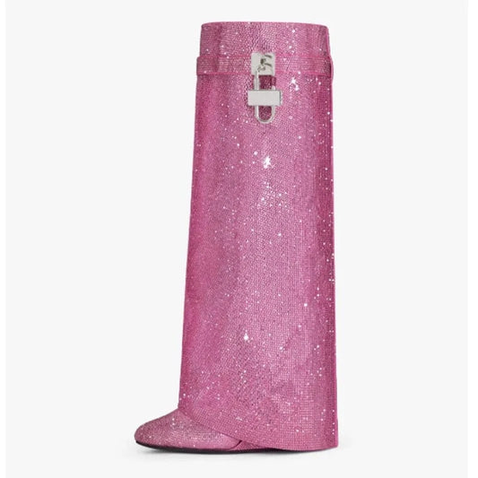 J&H Hot Pink Rhinestone Knee High Boots For Women Wedge Heels Women's Luxury Designer Shoes Metal Lock Shark Boots