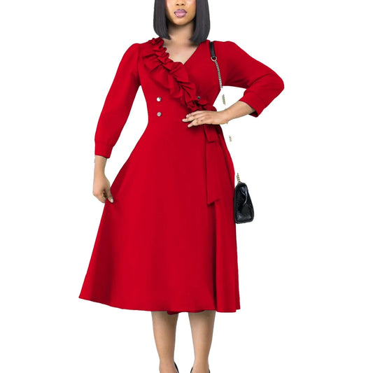 J&H Latest Design Elegant Casual Dresses Women Fashion Solid Color Ruffle V-neck Ruched A-line Spring Dresses Women 2024