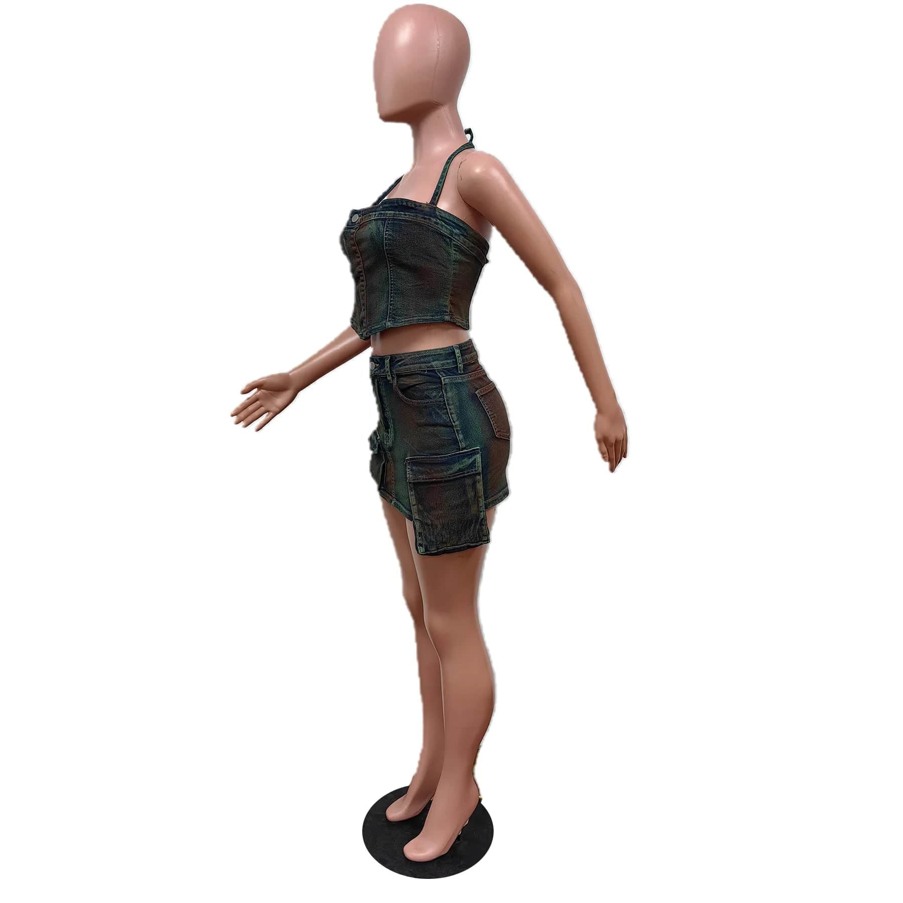 J&H Multi Pockets Skirt and Sexy Tube Crop Top Denim Two Piece Set 2024 Spring Summer Women Clothes Denim Stretchy Set