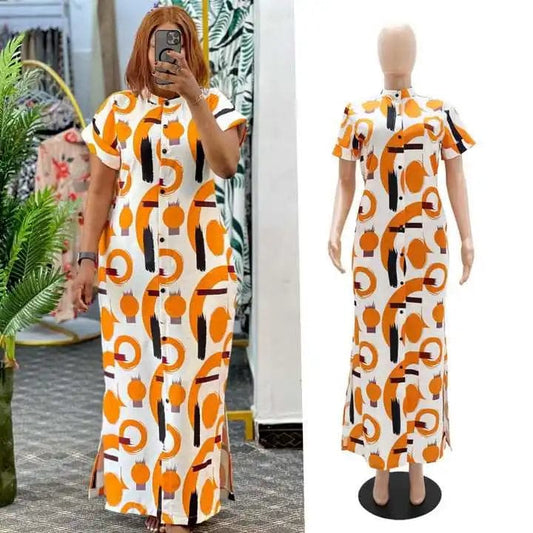 J&H New 2024 Spring Summer Boutique Clothing Women Short Sleeve Stand Neck Casual Dresses Fashion Sexy Printed Maxi Dress