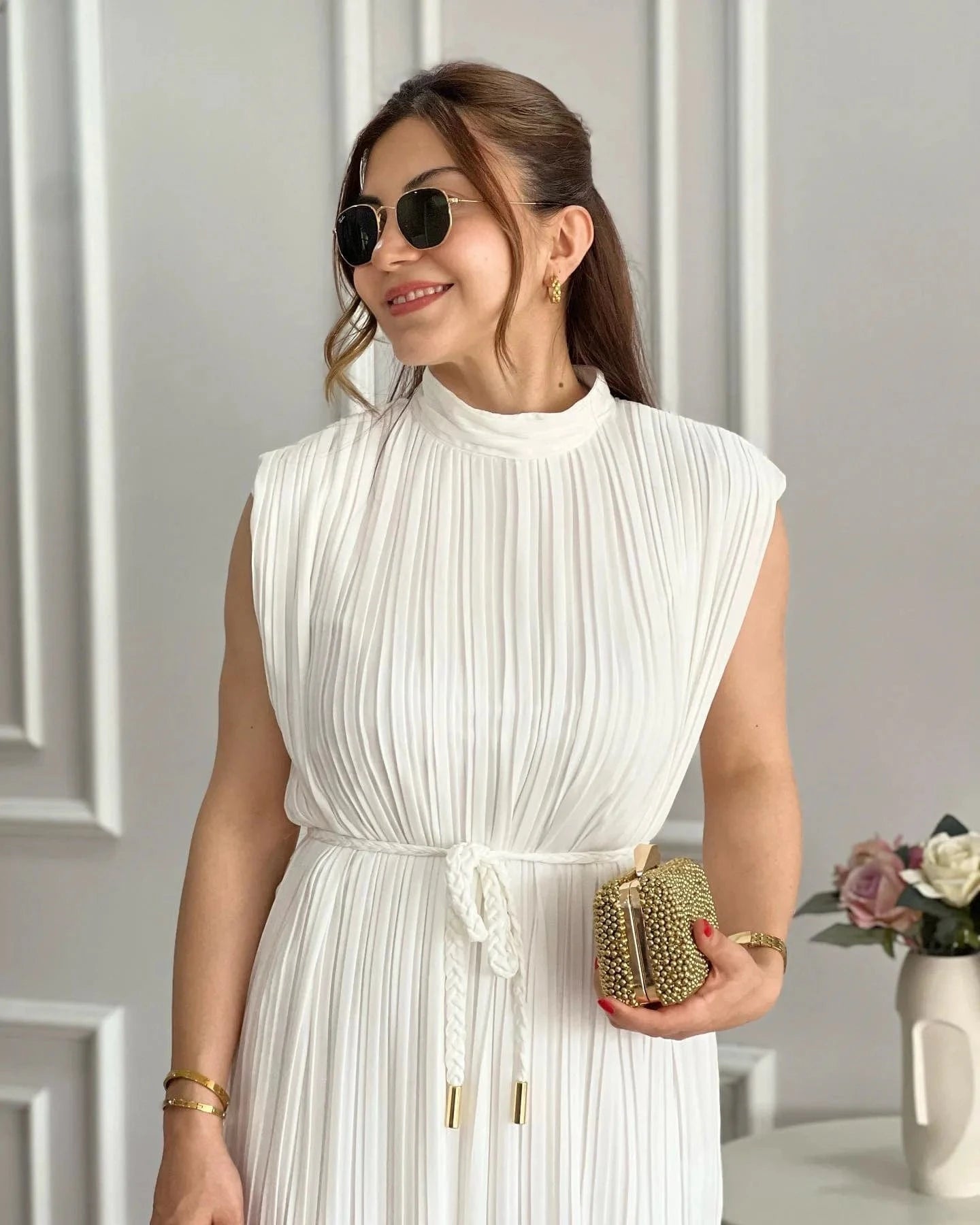 J&H New Arrivals 2024 White Elegant Lady Sleeveless Lace Up Midi Dress African Slit Slim Fit Business Streetwear Casual Dress