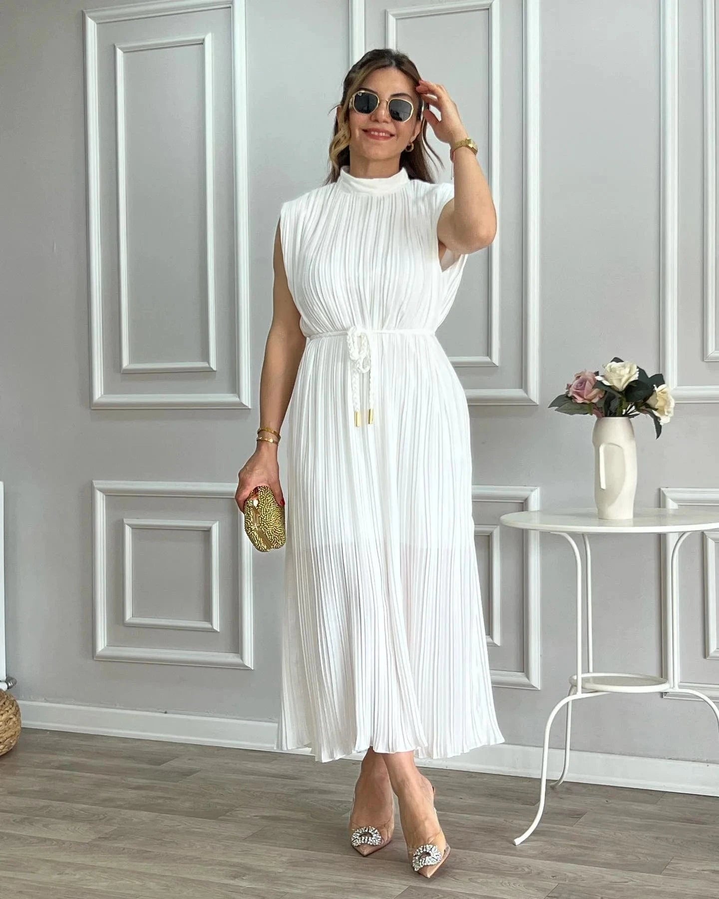 J&H New Arrivals 2024 White Elegant Lady Sleeveless Lace Up Midi Dress African Slit Slim Fit Business Streetwear Casual Dress