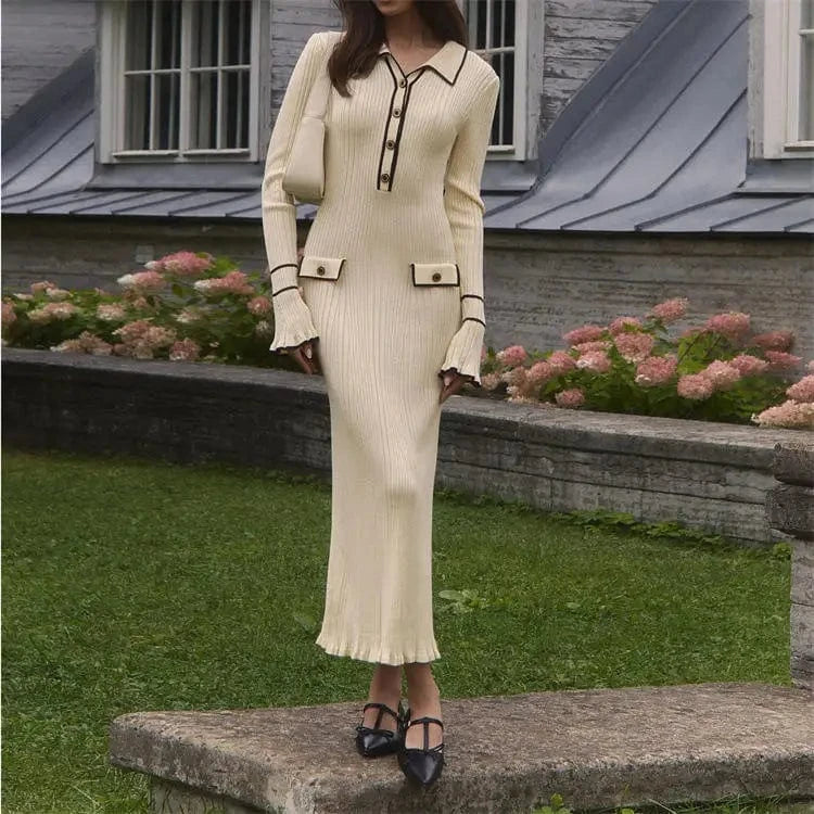 J&H Ruffle Edge Knitted Dress 2024 New European and American Autumn/Winter Woolen Dress Flip Collar Tight Mid length