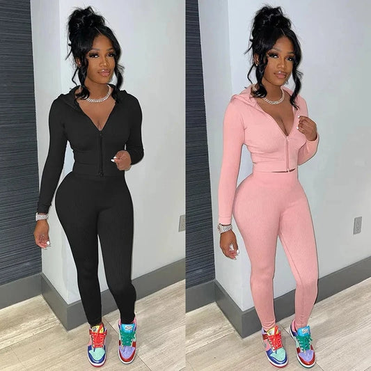 J&H Spring 2024 Clothing Casual Women Zipper Two Piece Outfits Hooded Sweat Suit Jogger Tracksuit Set