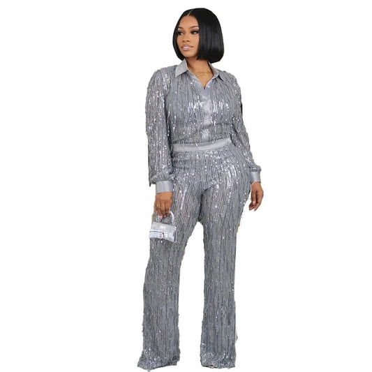 J&H Spring 2024 Sexy Tassel Sequin Transparent Shirt Long Sleeved Party Lady Elegant Straight Pants Two-Piece Set