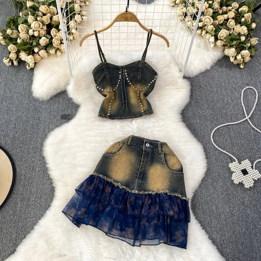 J&H Spring Summer 2024 Denim Y2k 2 Piece Set For Women Top And High Waist Skirts Set Clothing Wholesaleiece