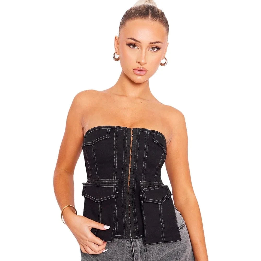 J&H Strapless Summer 2024 Contrast Color Denim Pocket Y2K Tube Top Fashion Street Sexy Cargo Crop Top