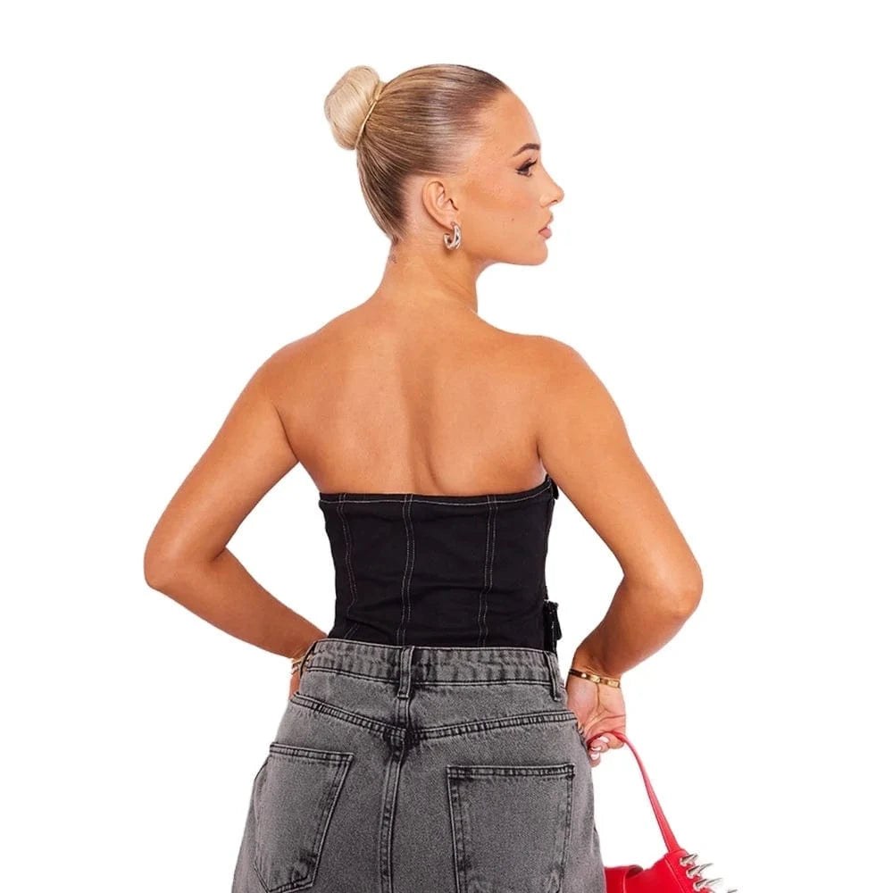 J&H Strapless Summer 2024 Contrast Color Denim Pocket Y2K Tube Top Fashion Street Sexy Cargo Crop Top