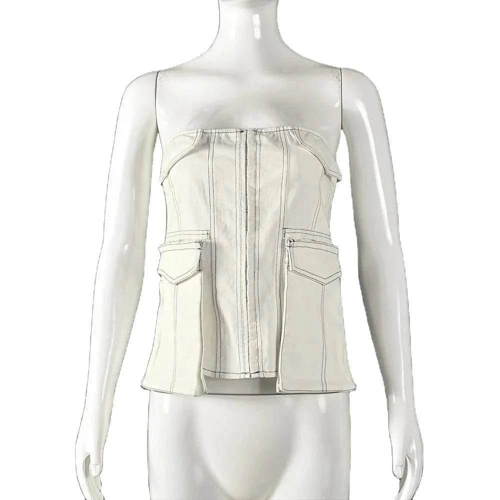 J&H Strapless Summer 2024 Contrast Color Denim Pocket Y2K Tube Top Fashion Street Sexy Cargo Crop Top