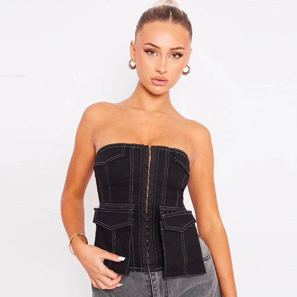J&H Strapless Summer 2024 Contrast Color Denim Pocket Y2K Tube Top Fashion Street Sexy Cargo Crop Top