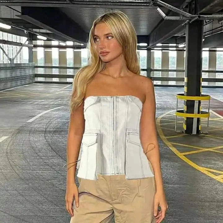 J&H Strapless Summer 2024 Contrast Color Denim Pocket Y2K Tube Top Fashion Street Sexy Cargo Crop Top