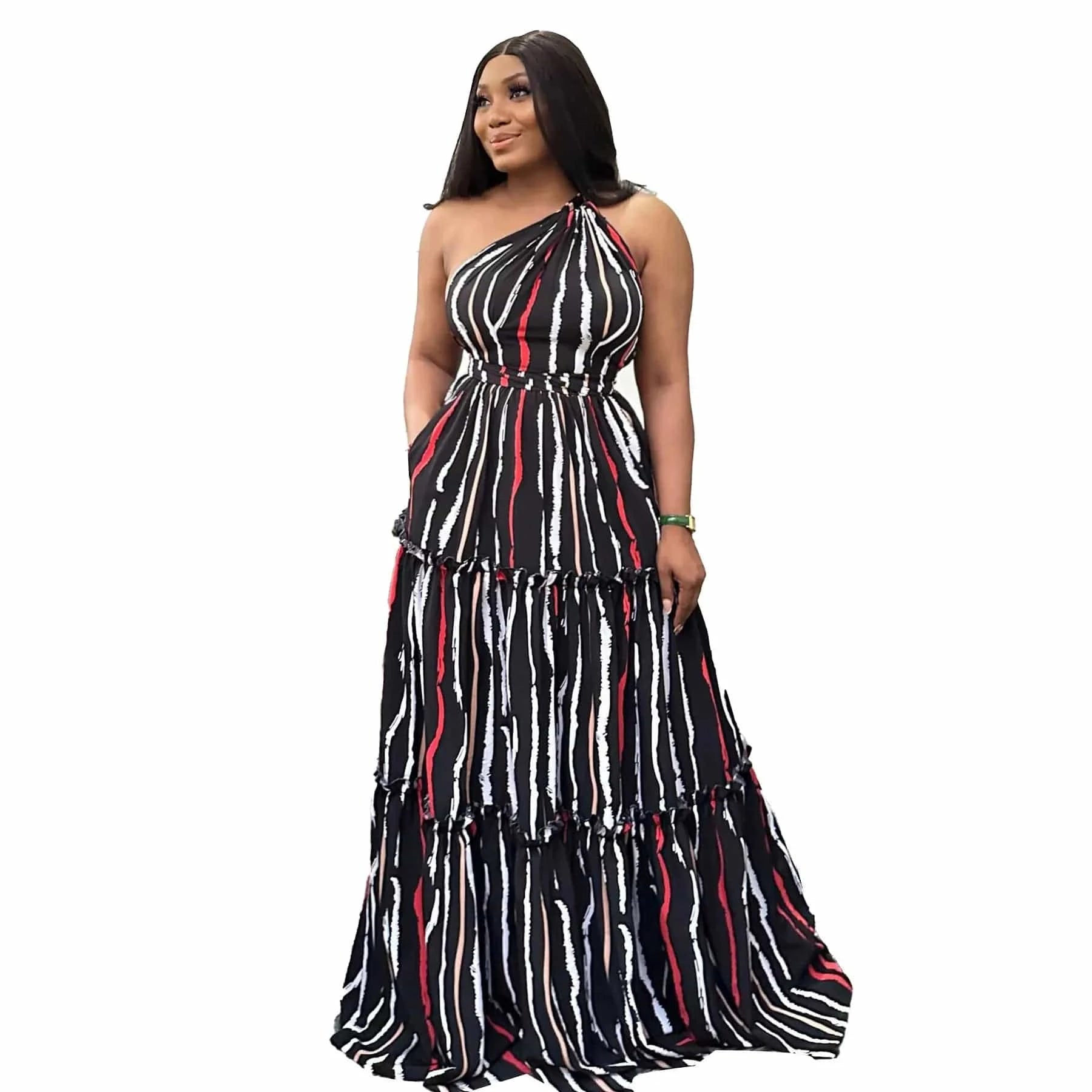 J&H Summer 2024 Sexy Printed Patchwork Strap Large Skirt Hem Slanted Shoulder Backless Bohemian Maxi Dress