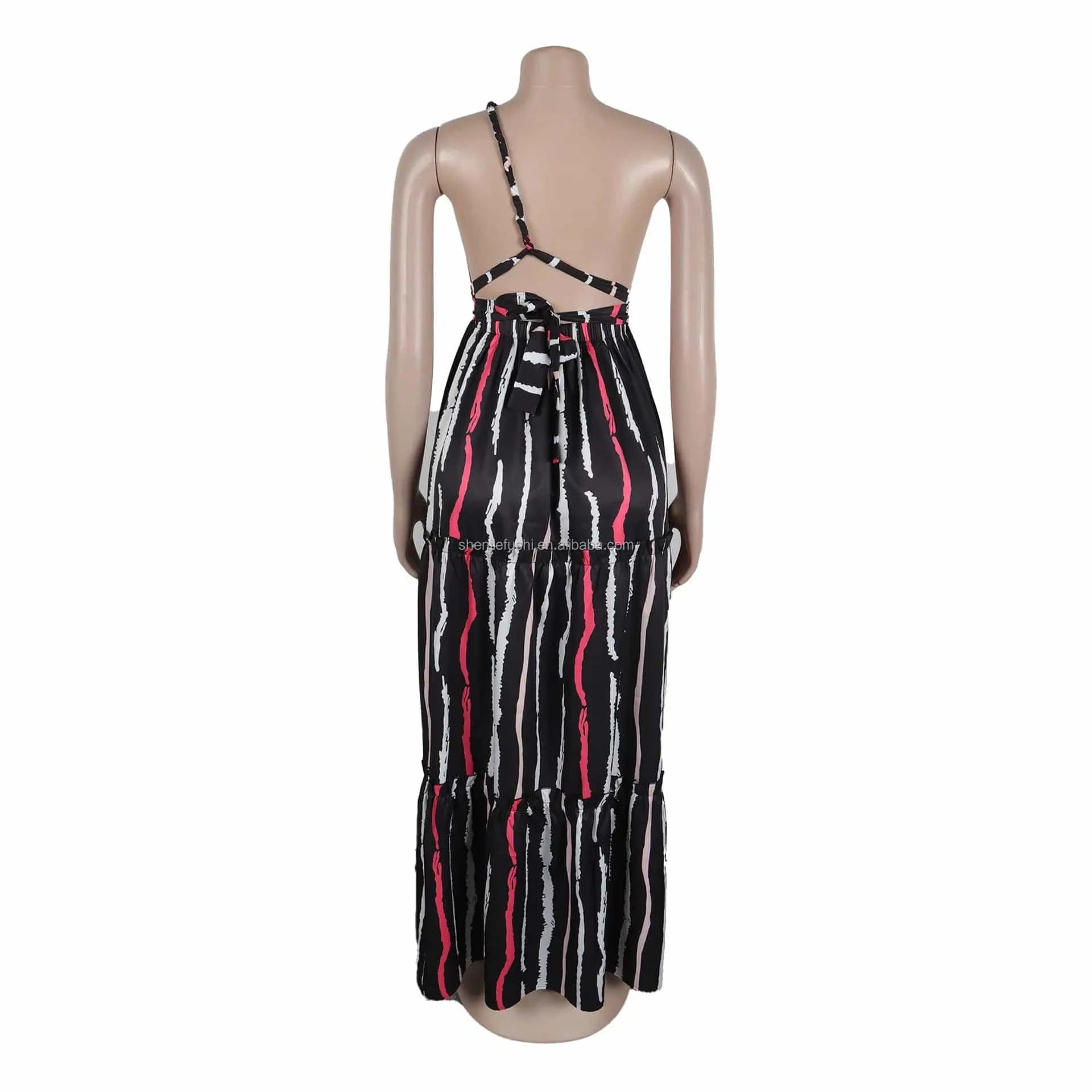 J&H Summer 2024 Sexy Printed Patchwork Strap Large Skirt Hem Slanted Shoulder Backless Bohemian Maxi Dress