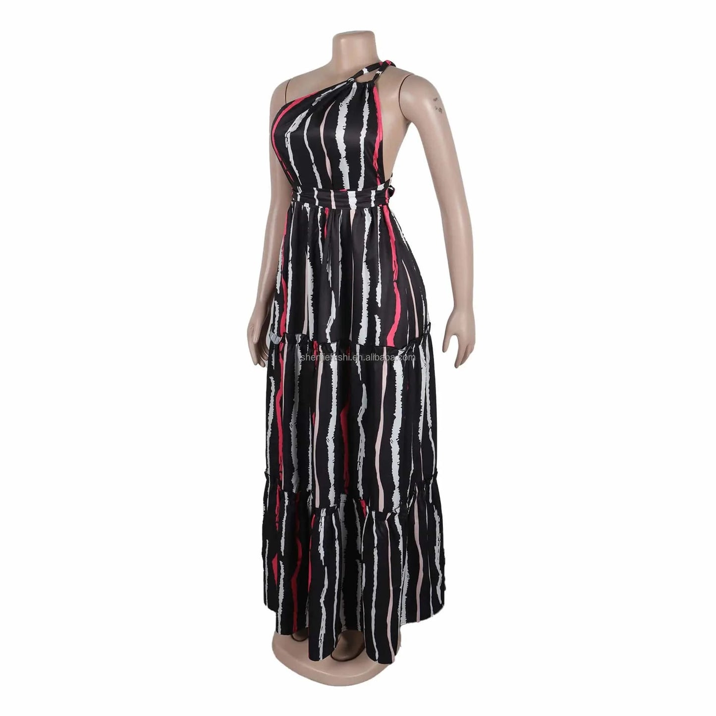 J&H Summer 2024 Sexy Printed Patchwork Strap Large Skirt Hem Slanted Shoulder Backless Bohemian Maxi Dress