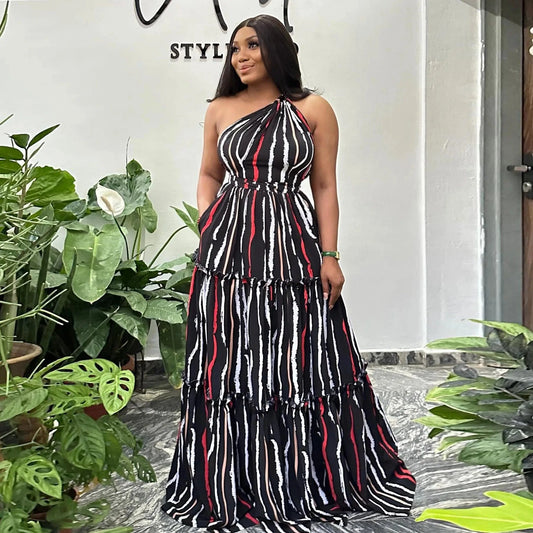 J&H Summer 2024 Sexy Printed Patchwork Strap Large Skirt Hem Slanted Shoulder Backless Bohemian Maxi Dress